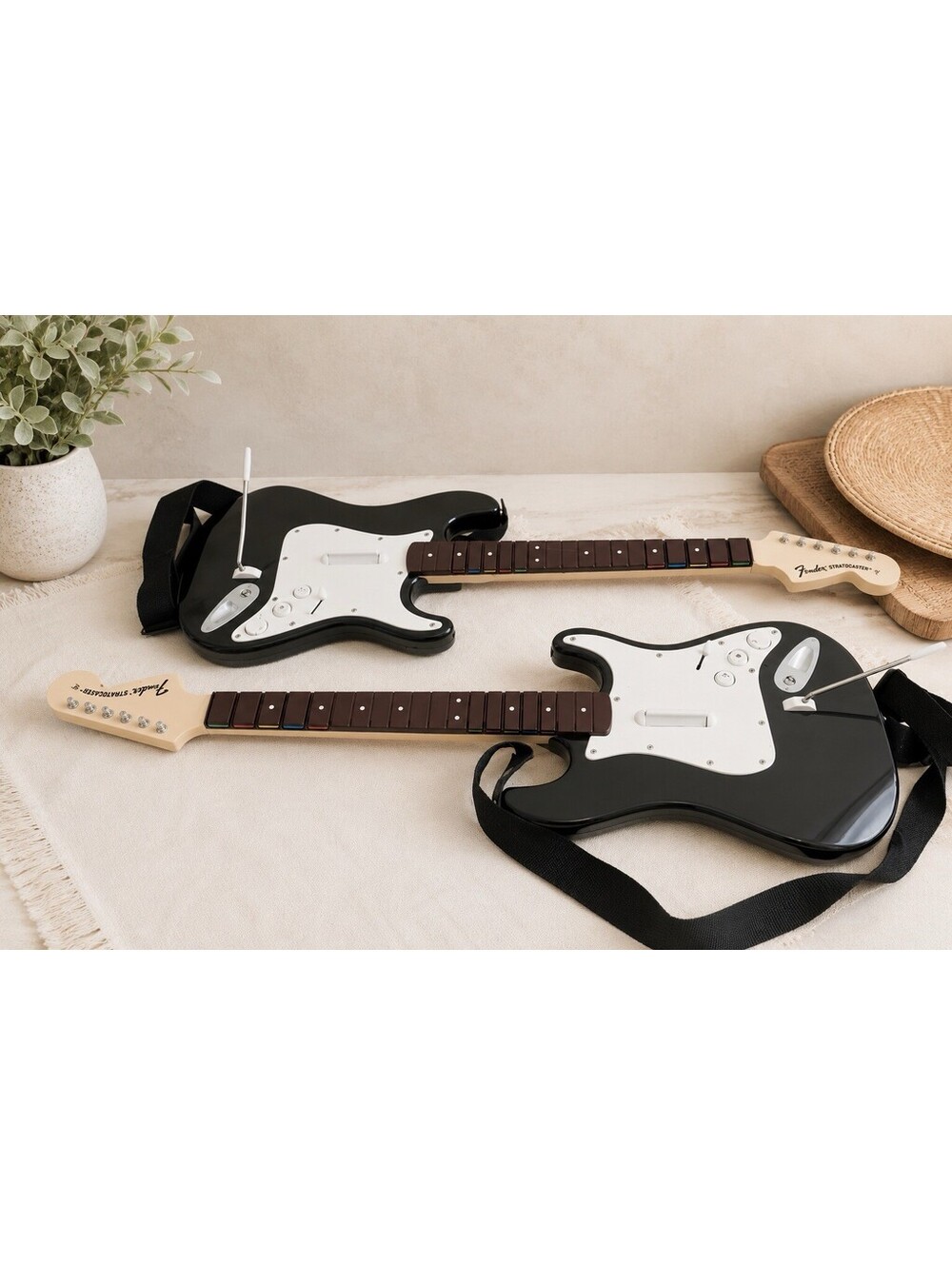 2 Wireless Fender Stratocaster 6-String Electric Guitars Black w/Strap